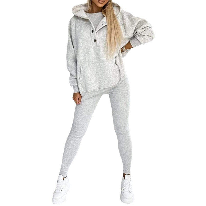 Casual Hooded Sweater Thickened Thread Fitted Vest Pants Three-piece Set
