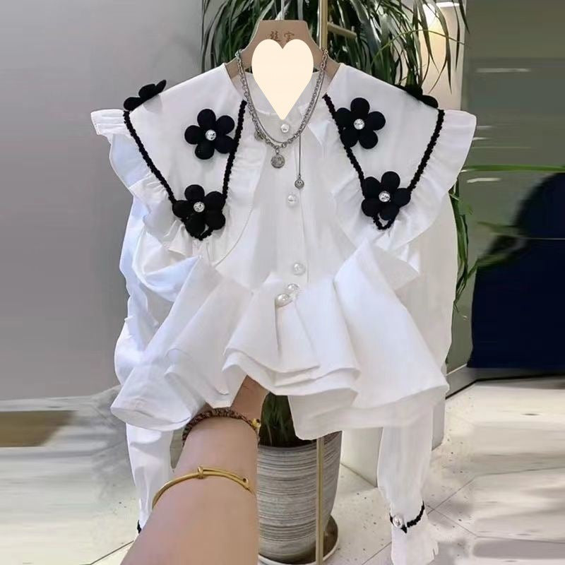 Design Sense Beaded Flower White Shirt Women