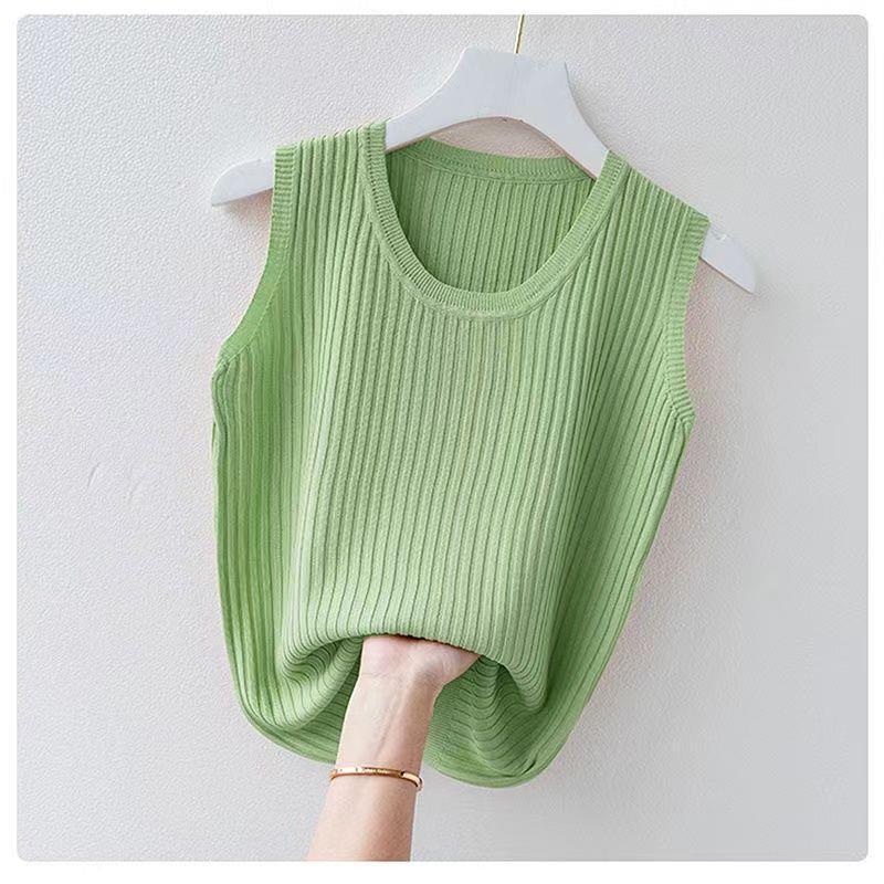 Women's Summer Ice Silk Round Neck Camisole Vest Knitted Bottoming Shirt