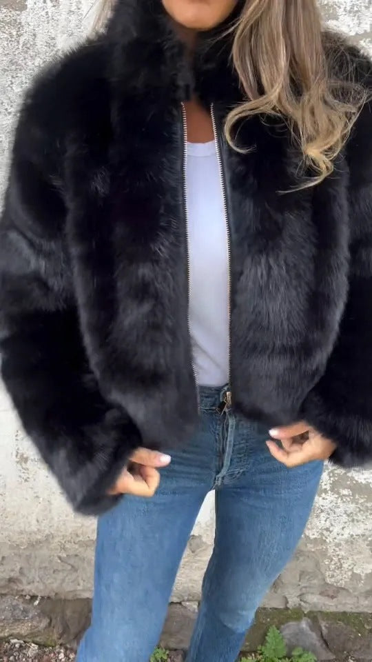 Veste en peluche à col montant tendance pour femme, manteau d'hiver décontracté à col roulé et fermeture éclair, polaire