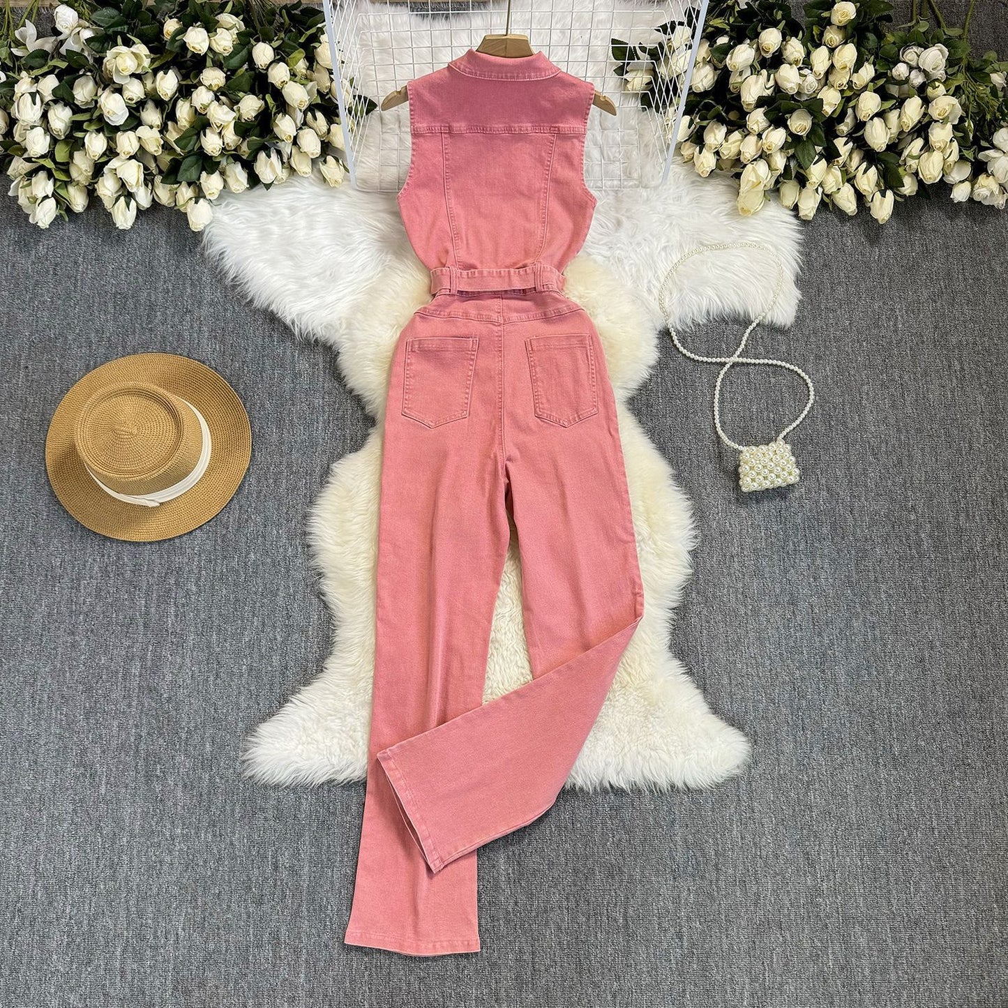 Lace-up Waist-controlled Slim Lapel Metal Buckle Jeans Jumpsuit