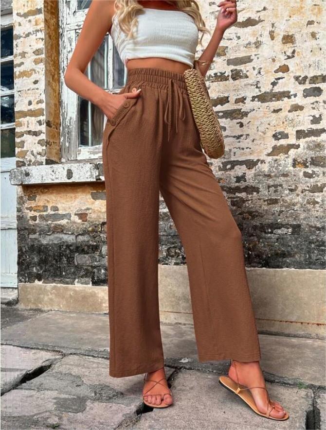 Pantalon décontracté avec poches et cordon élastique, taille haute, ample, pour femme