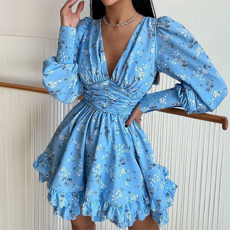 Women's Printed Puff Sleeve Waist Cinching Dress