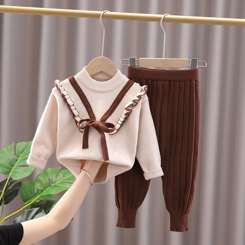 Girls Ruffled Suit Sweater Autumn And Winter Pullover Round Neck Children's Sweater