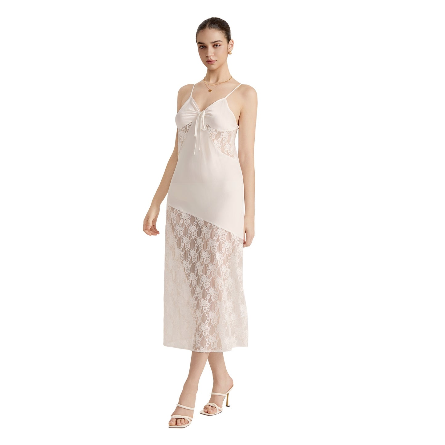 New Semi-sheer Lace And Satin Patchwork Slip Maxi Dress