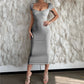 One Line Neck Ribbed Long Dress Short Sleeve Maxi