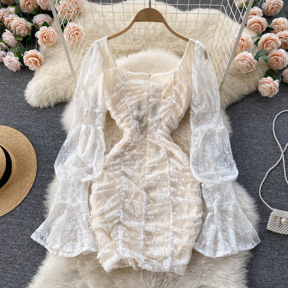 Women's Temperament Square Neck Lace Perspective Lantern Sleeve Waist Bag Hip Dress