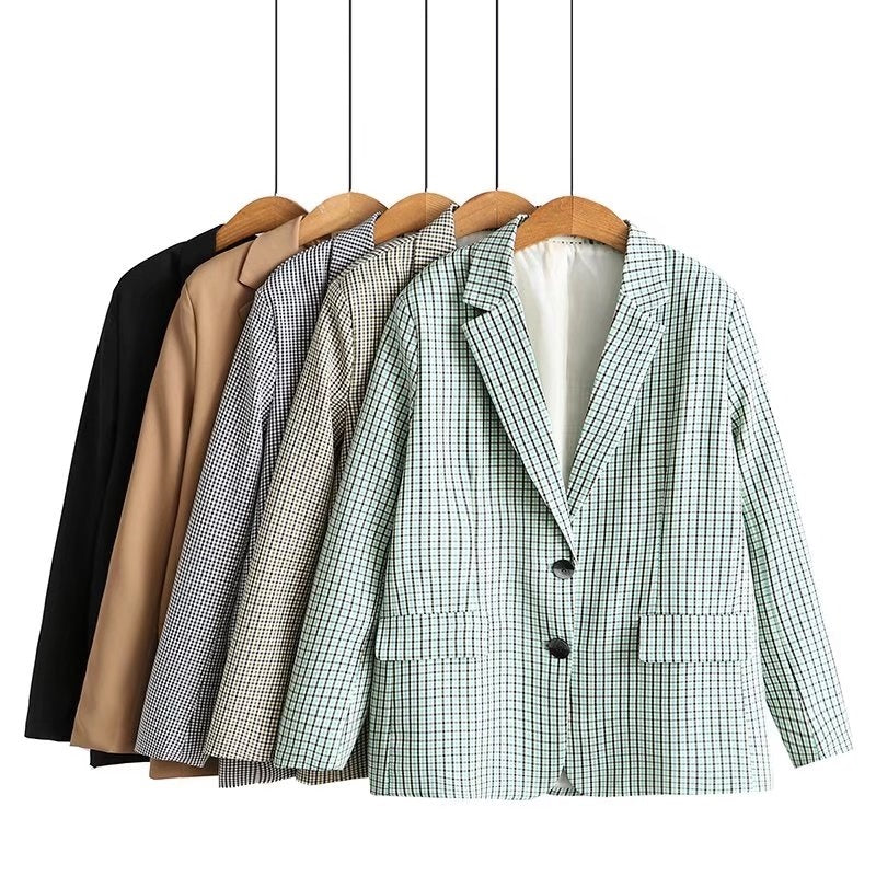 Veste de costume slim décontractée à carreaux rétro pour femme, grande taille
