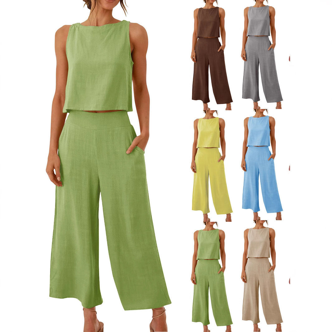 New Casual Sleeveless Top Wide Leg Trousers Suit