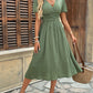 V-neck Pleated Buttoned Lantern-sleeve Dress