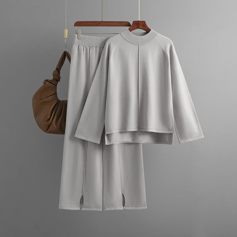 Pull-over de couleur unie, pantalon large en tricot fendu en deux pièces