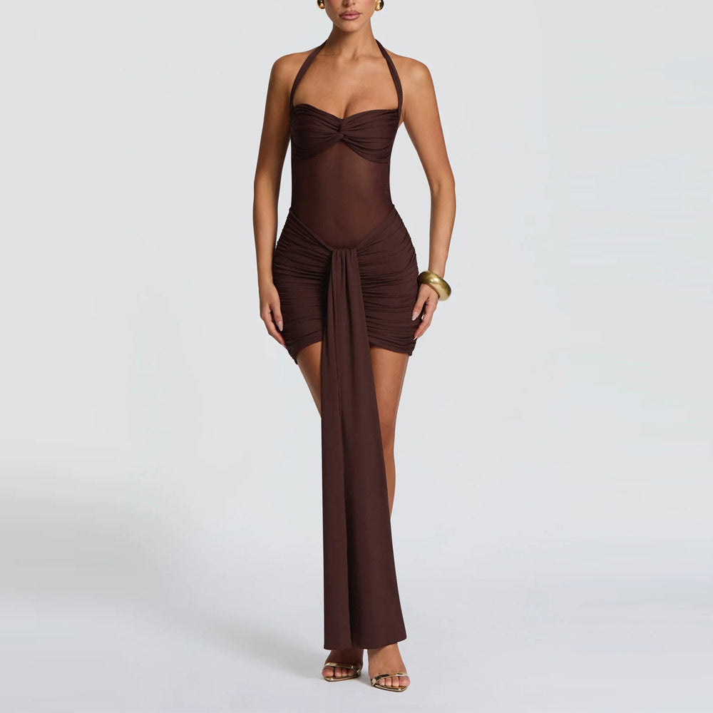Lace-up Mesh Spliced With Ribbons Maxi Dress Elegant One-piece Dress