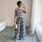 Plant-patterned Crew-neck Sleeveless Top And Wide-leg Pants Set With A Printed Design