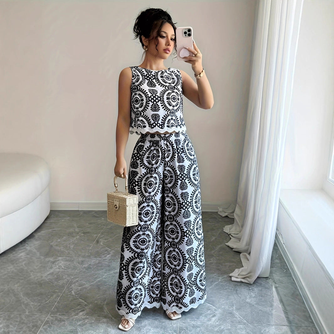 Plant-patterned Crew-neck Sleeveless Top And Wide-leg Pants Set With A Printed Design