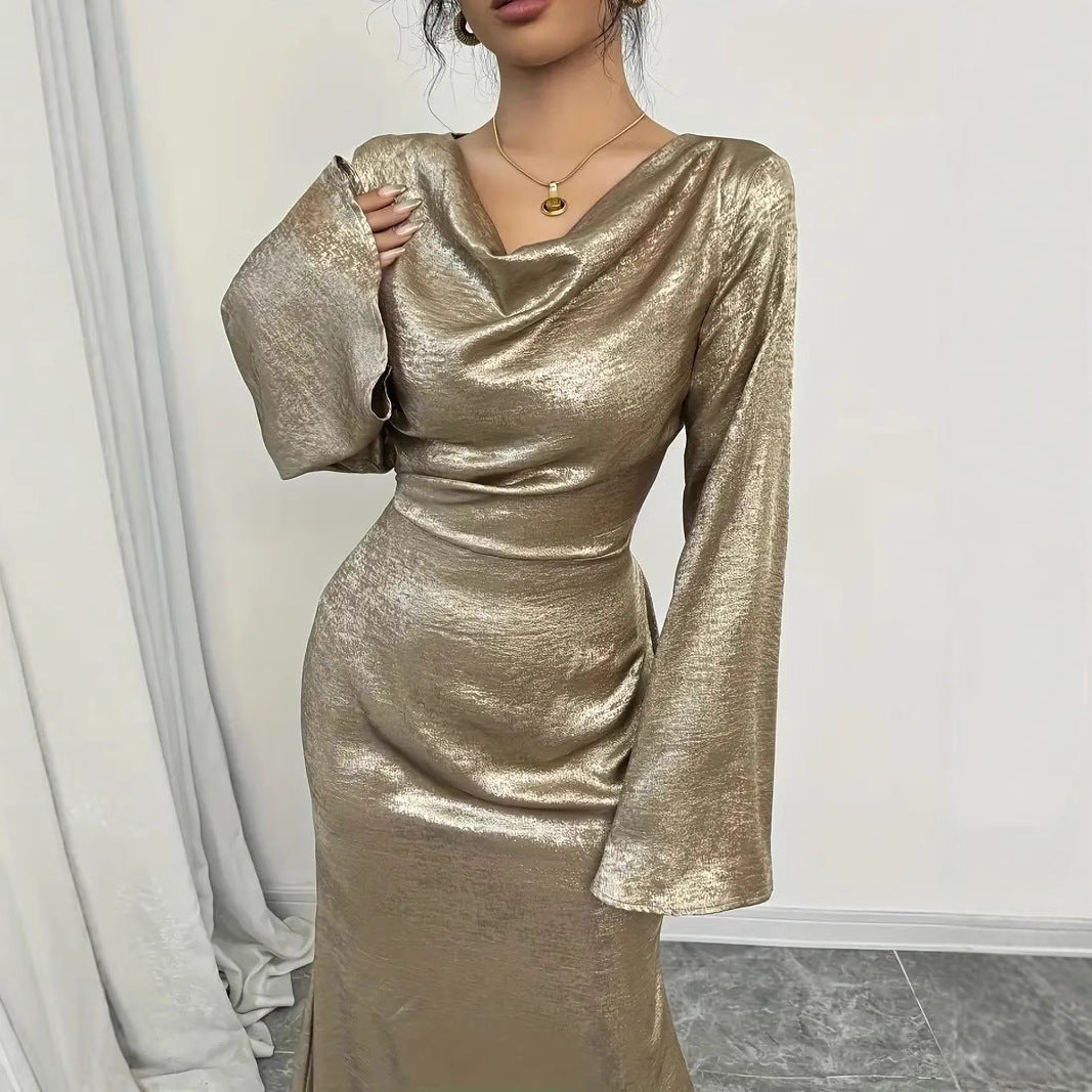 New Sexy Gold-dusted Evening Dress With Long Sleeves