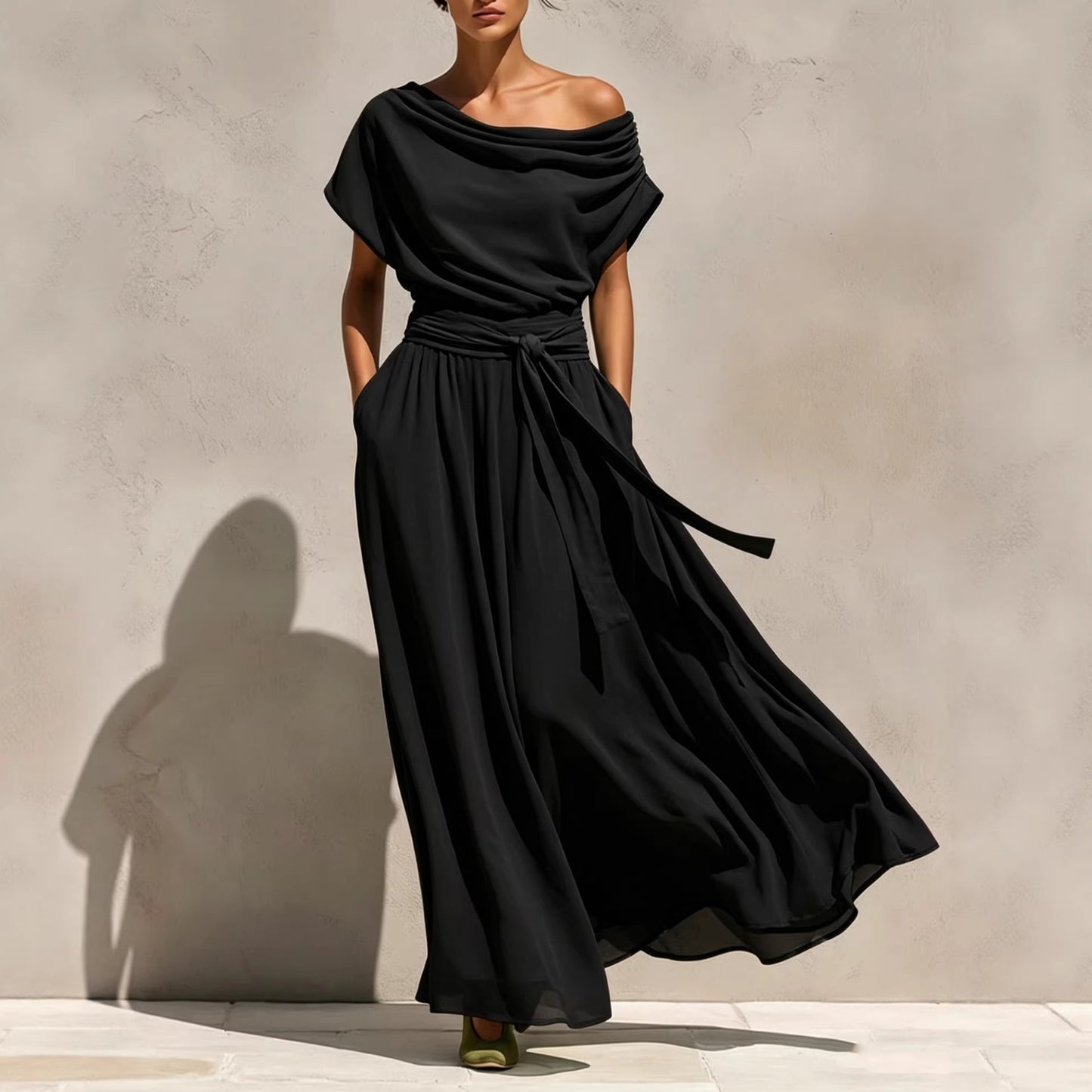 Short-sleeve Pleated Chiffon Waist-cinching Dress