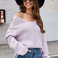 Long Sleeve Sweater With Pocket Solid Color V-neck Pullover Knitwear Women Tops
