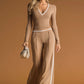 Stylish And Casual White-trimmed Brown V-neck Knit Top And Pants Set