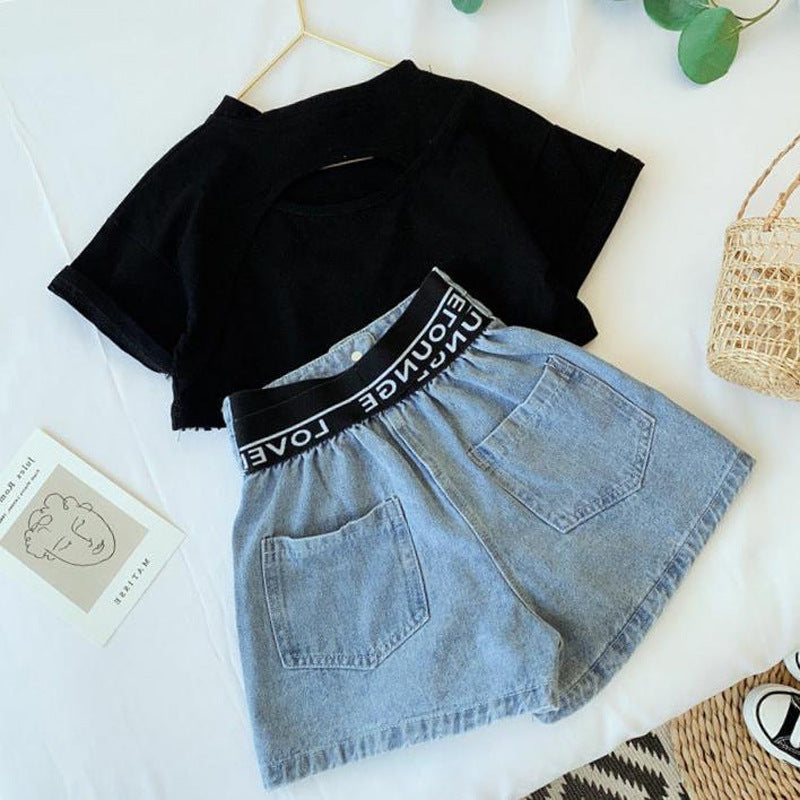 Ensemble deux pièces short en jean pour petite fille, taille moyenne et grande, style coréen