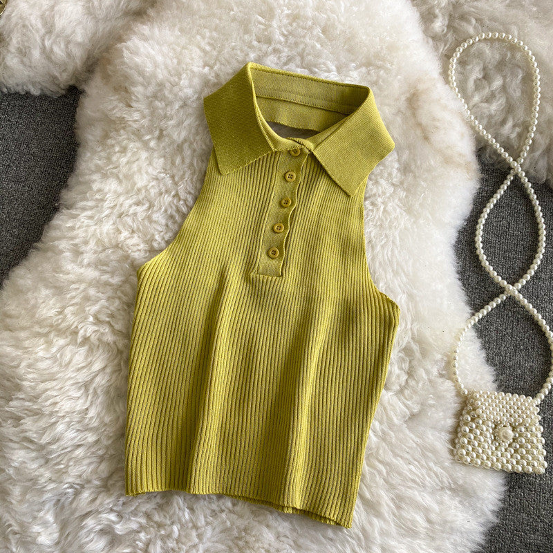 Pure Color Polo Collar Halter White Camisole