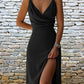 Robe moulante sexy à col en V et bretelles fendues