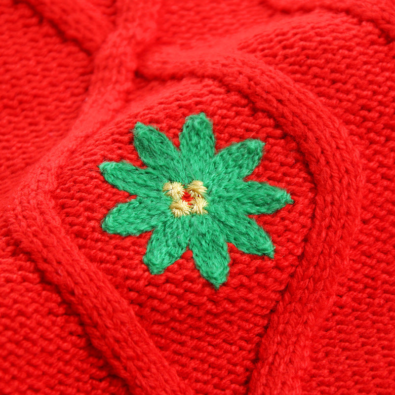 New Girls' Embroidered Flower Sweater Round Neck Children's Sweater 7-needle Single-layer Knitted Jacket