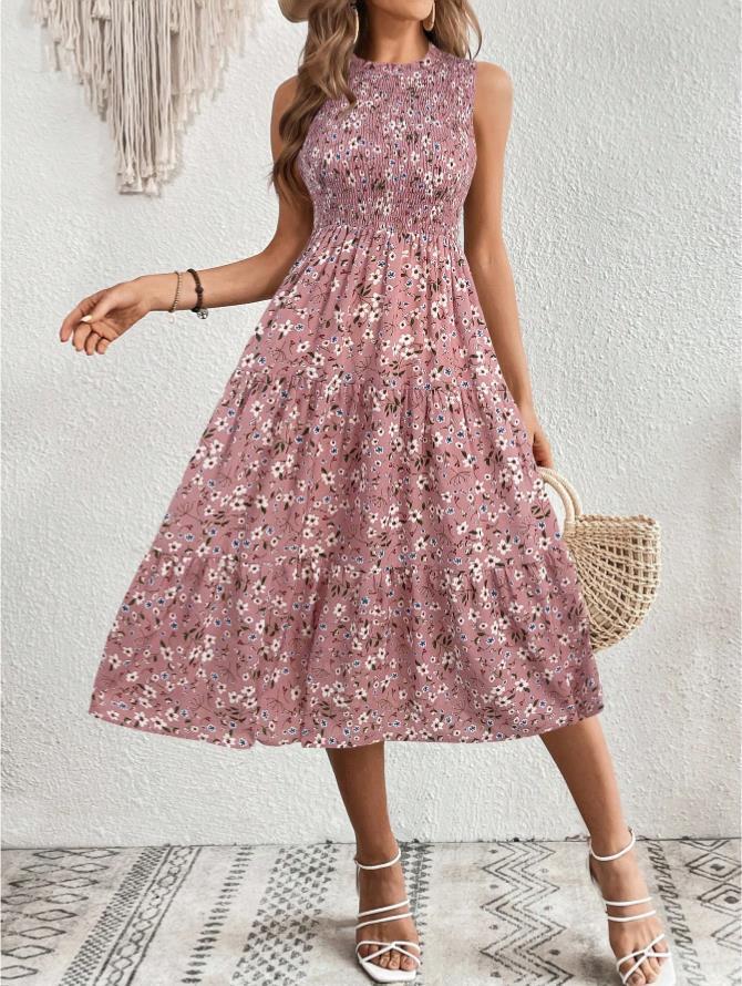 Sleeveless Round Neck Smocking Dress High Waist Slimming Design