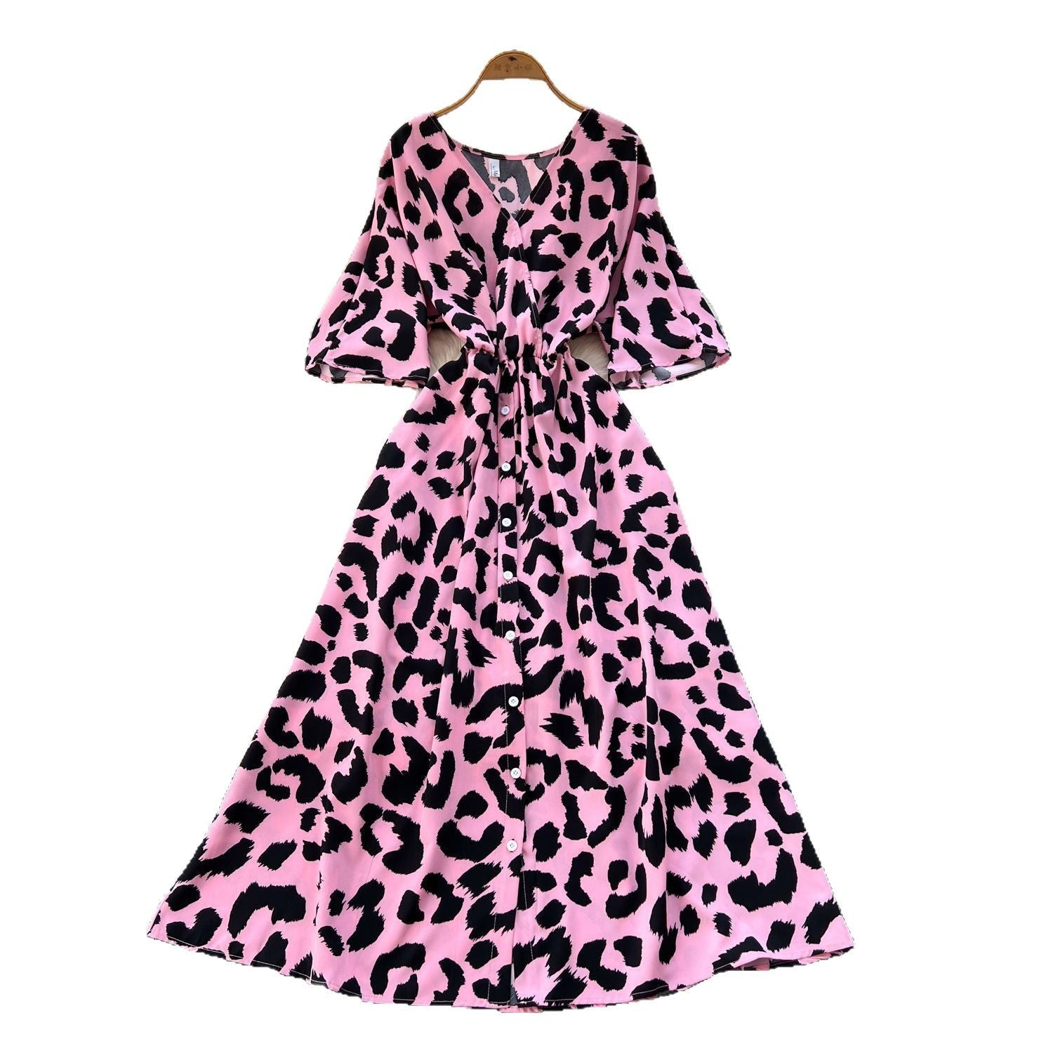 Five-quarter-sleeve Fitted-waist Single-breasted Printed Dress