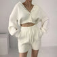 V-neck Knitted Cardigan High Waist Casual Shorts Suit