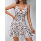Suspender Dress Womens V-Neck Adjustable Buckle Lace-Up Sexy Semi-Covered Bust Floral Print Dress