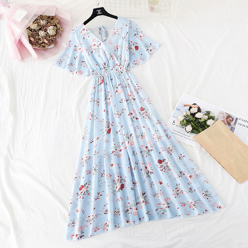 Chiffon Dress Female French Platycodon Floral Long Skirt Waist Was Thinner