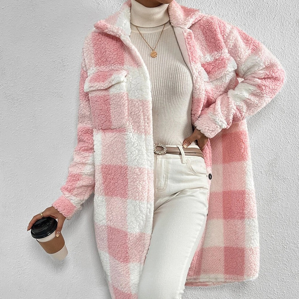 Women's Fashion Polo Collar Plush Plaid Coat