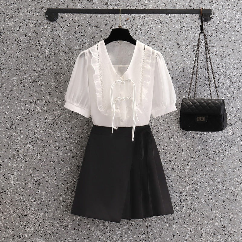 Ladies Irregular High Waist Pleated Skirt Suit