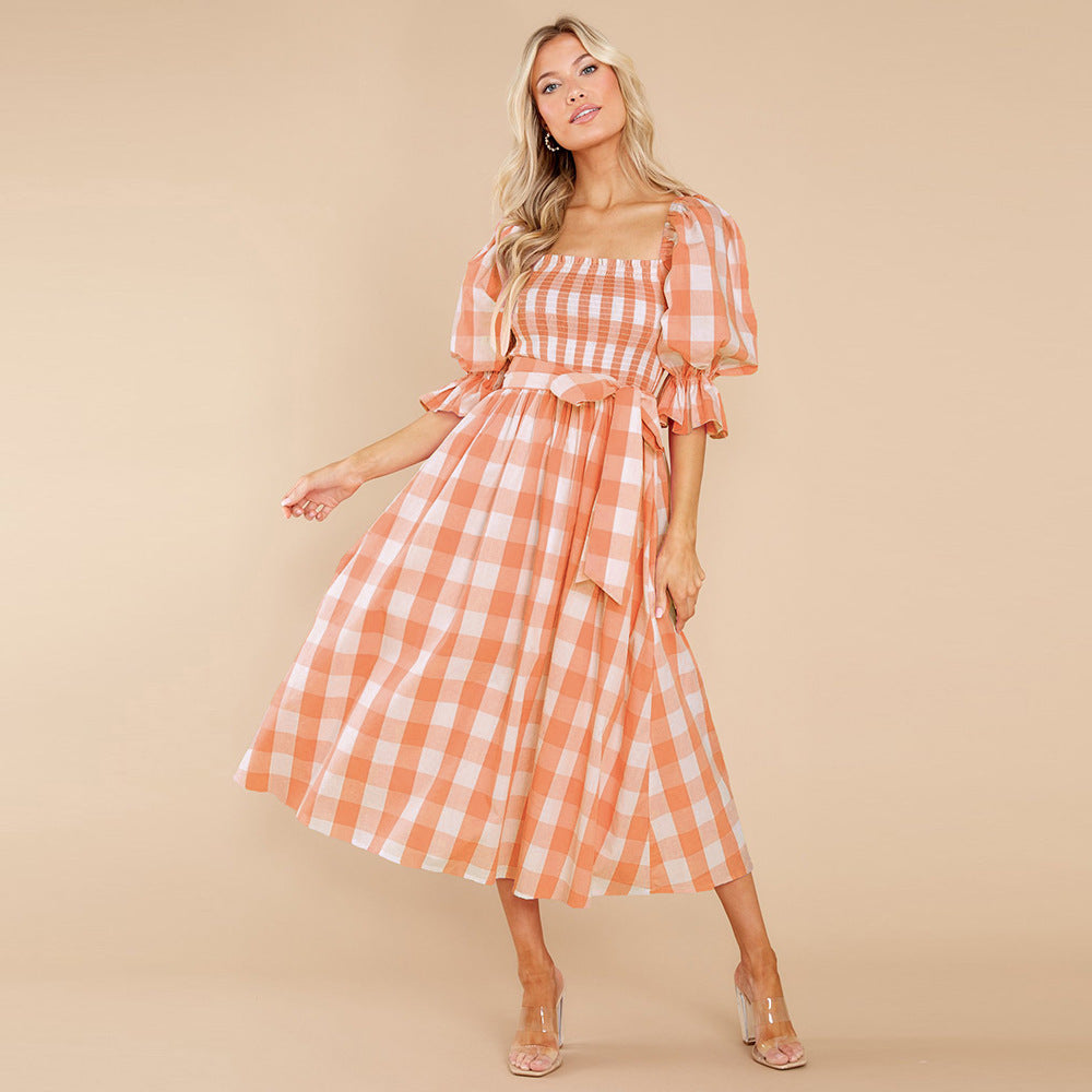 Robe de plage slim à col unique et épaules dénudées, imprimé écossais