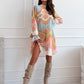 Fashionable Bohemian-style Printed Stand Collar Pleated Long-sleeve Dress