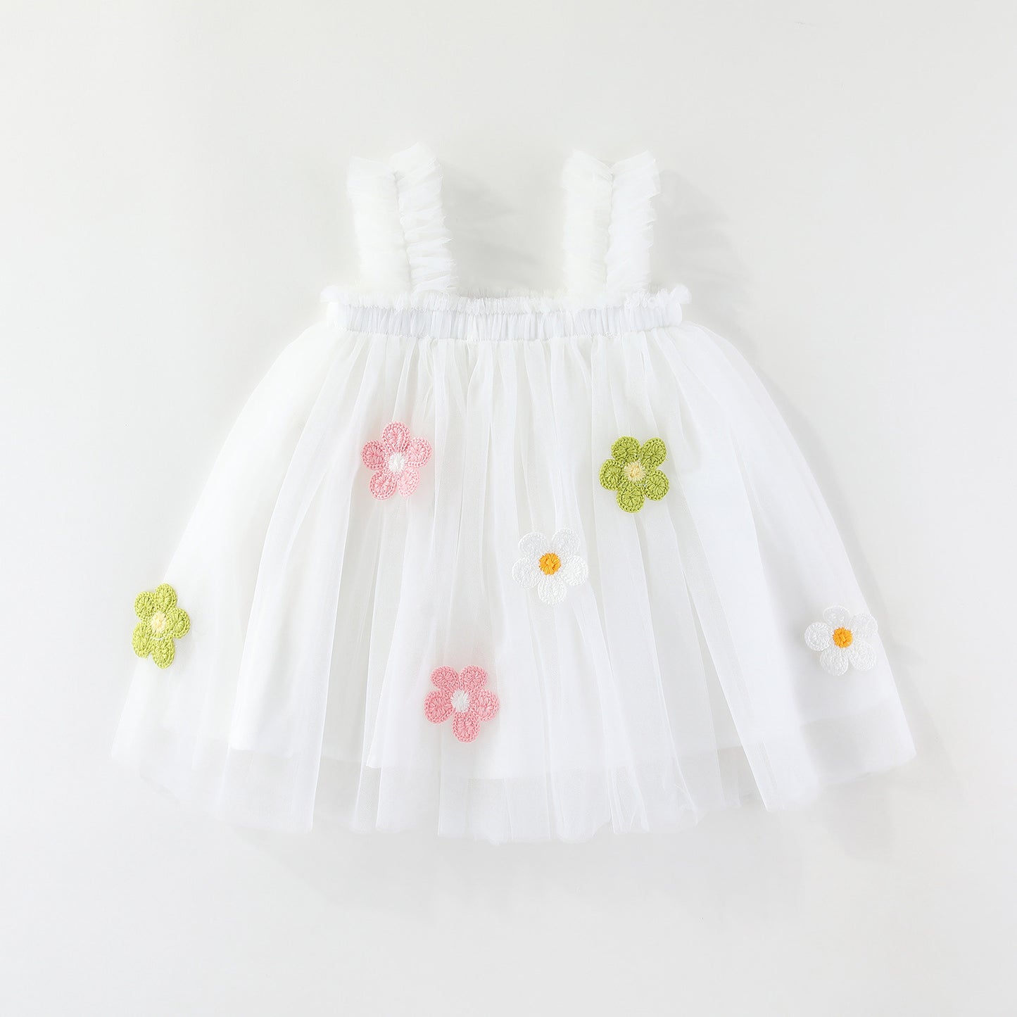 Girls Spaghetti Straps Chest Wrap Flower Embroidery Mesh Dress