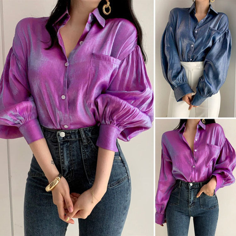 Lantern Sleeve Long Sleeve Shirt With Lapel Pocket