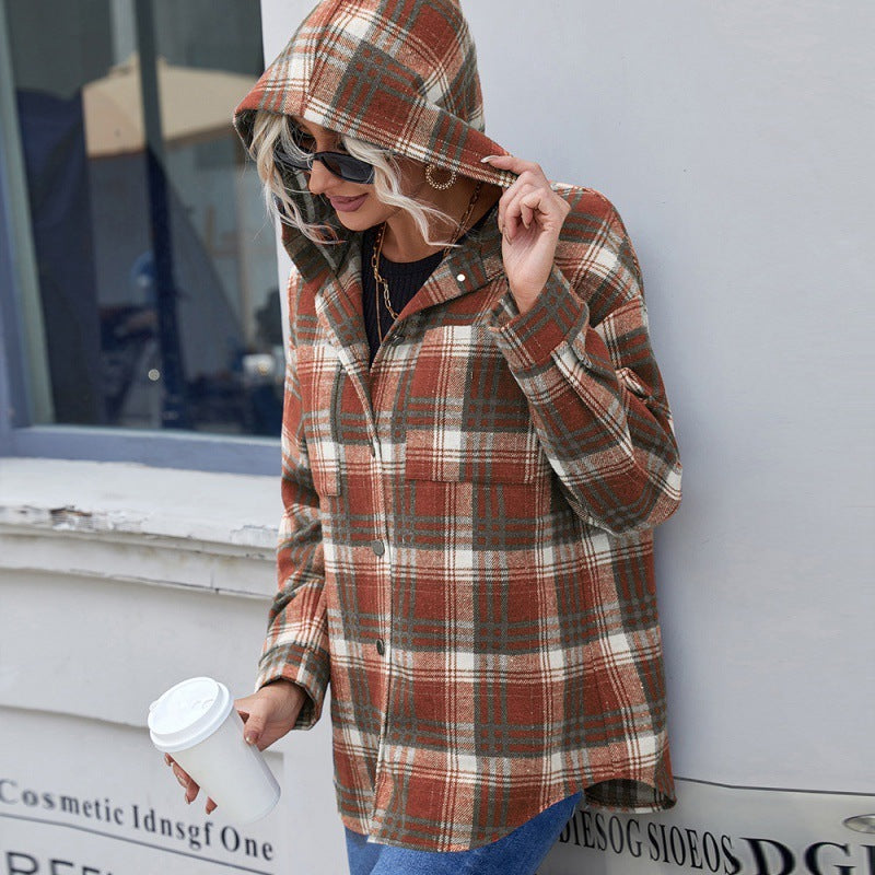 Loose Casual Long Sleeve Single Breasted Check Hooded Jacket