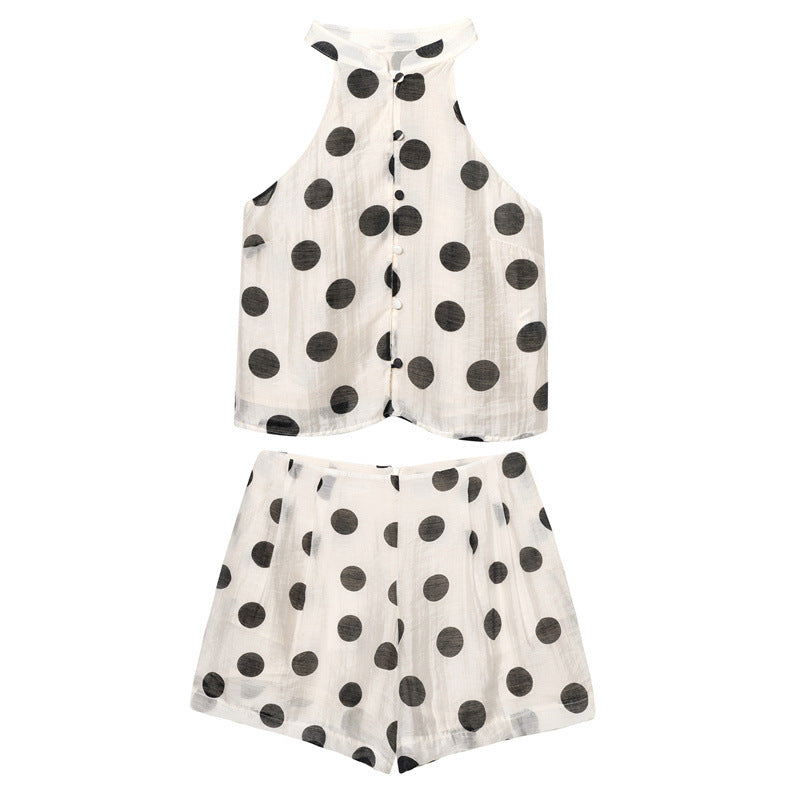Polka Dot Hanging Collar Top Pleated Decorative Casual Shorts
