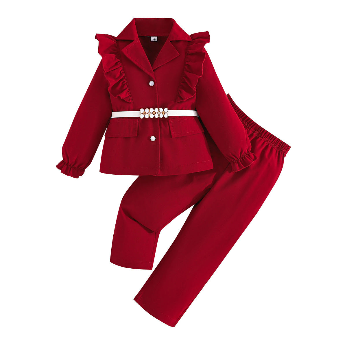 Girls' Long-sleeved White Belt Top Ruffled Blazer Trousers Three Pieces