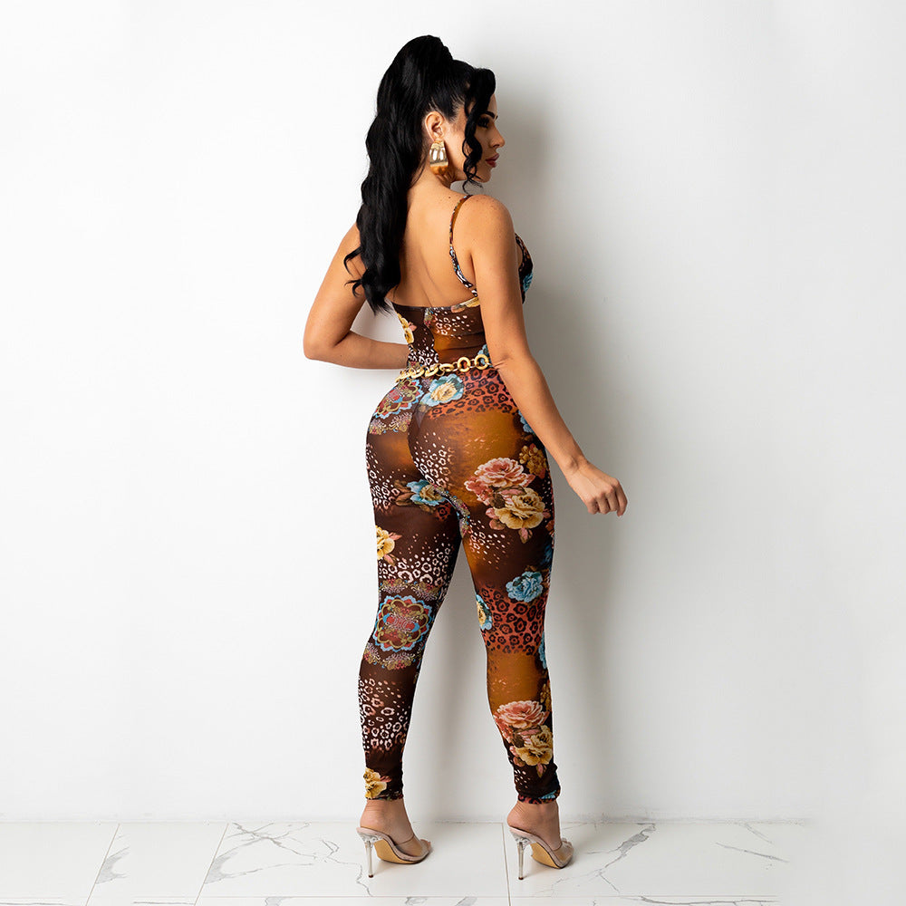 Suspender Mesh Printed Jumpsuit