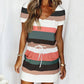 Striped Print Short-sleeved Dresses Summer Fashion V-neck Drawstring Design Short Dress Beach Womens Clothing