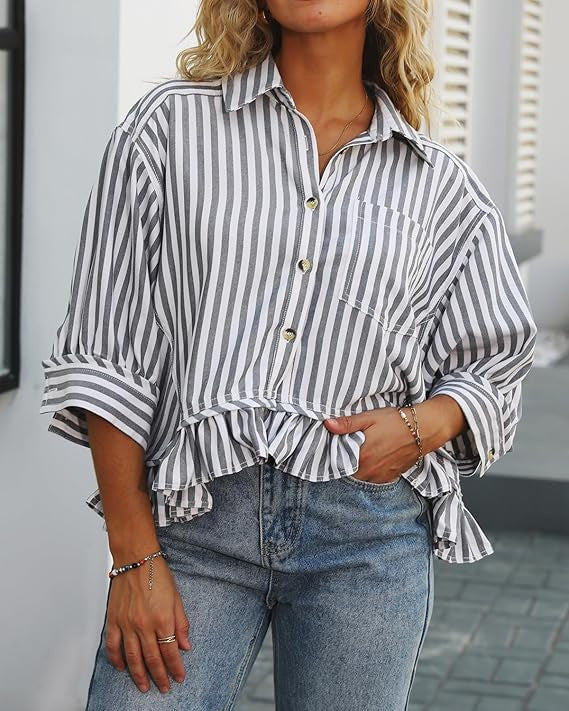 Women's Casual Loose Striped Shirt With Ruffled Hem And Short Sleeves