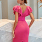 Front And Back Deep V Wave Layered Belt Dress