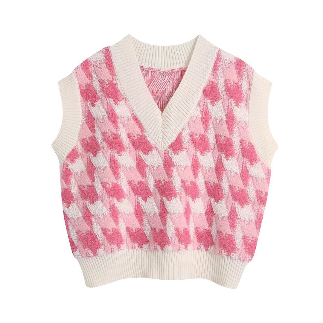 Women's V-Neck Sleeveless Check Pullover Knit Vest