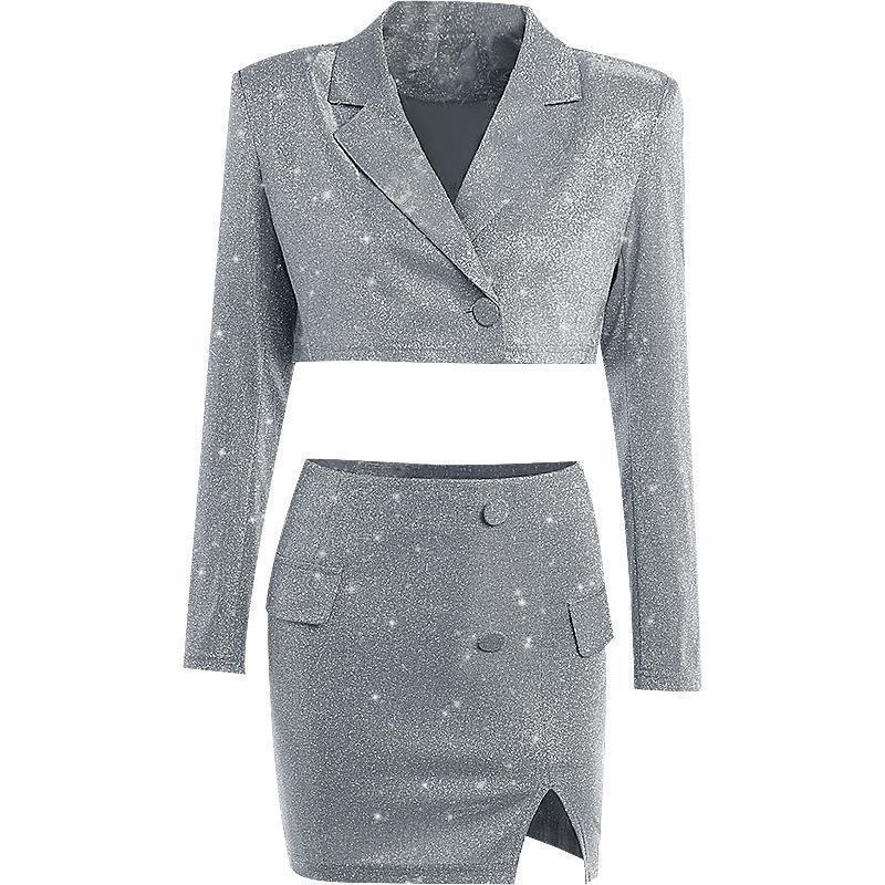Cutout V-neck Long Sleeve Slim-fit Shiny Suit Top Skirt Two-piece Suit