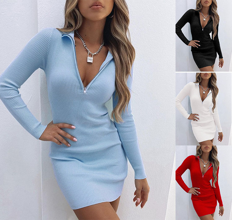 Robe d'automne à col polo, fermeture éclair, taille haute, manches longues
