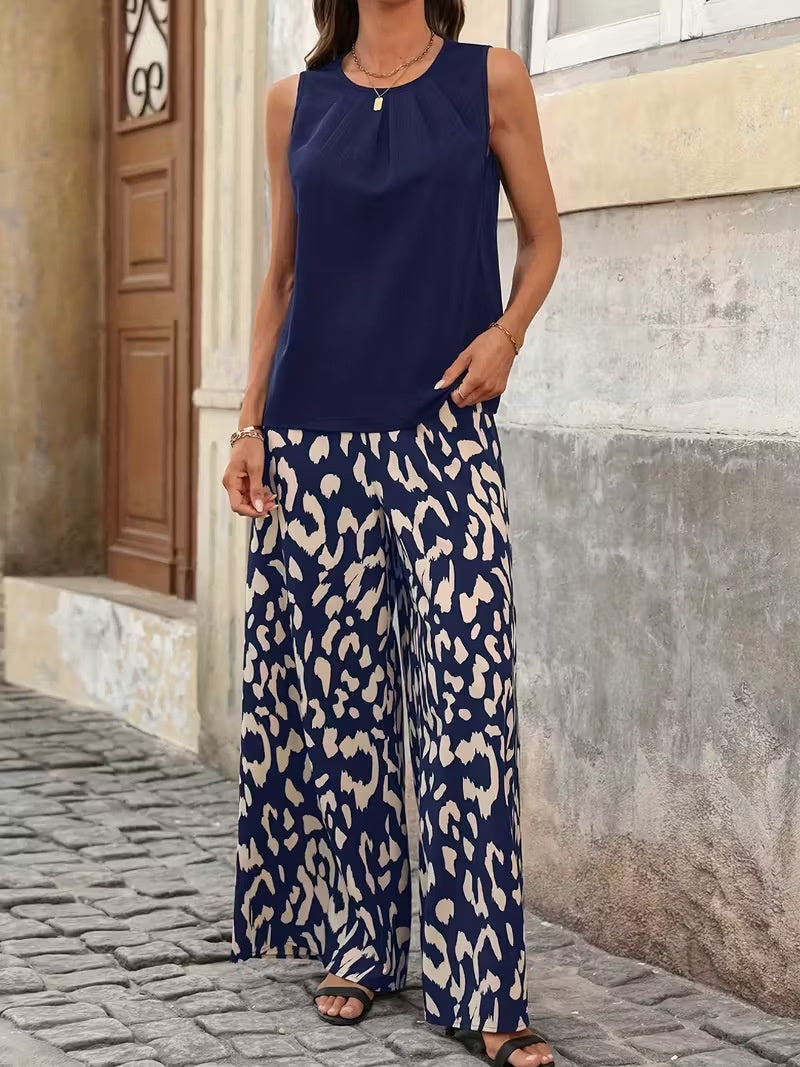 Womens Sleeveless Irregular Tank Top And Pants Fashionable Printed Two-Piece Set