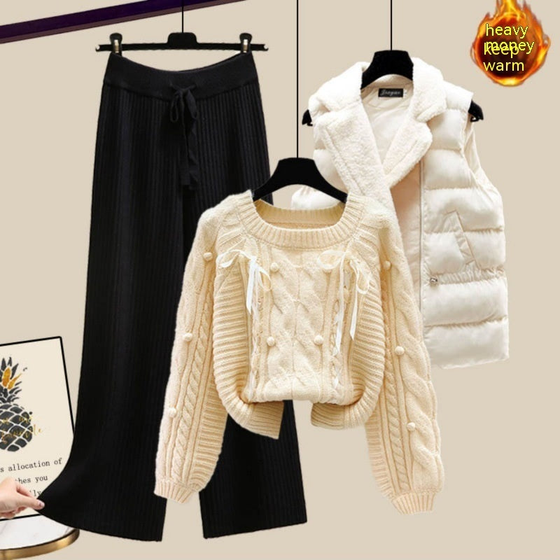 Ensemble trois pièces pour femme, gilet, pull épais, pantalon large