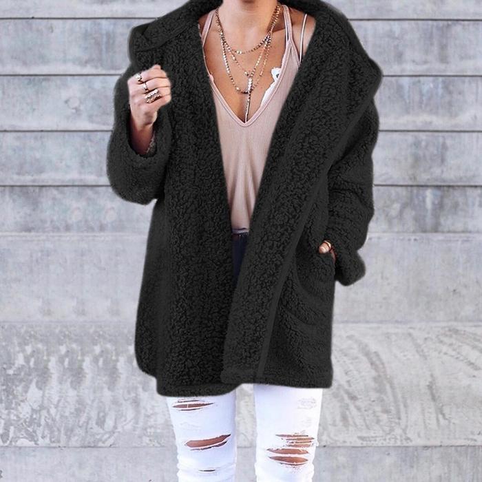 Pure color cardigan hooded lamb velvet coat top